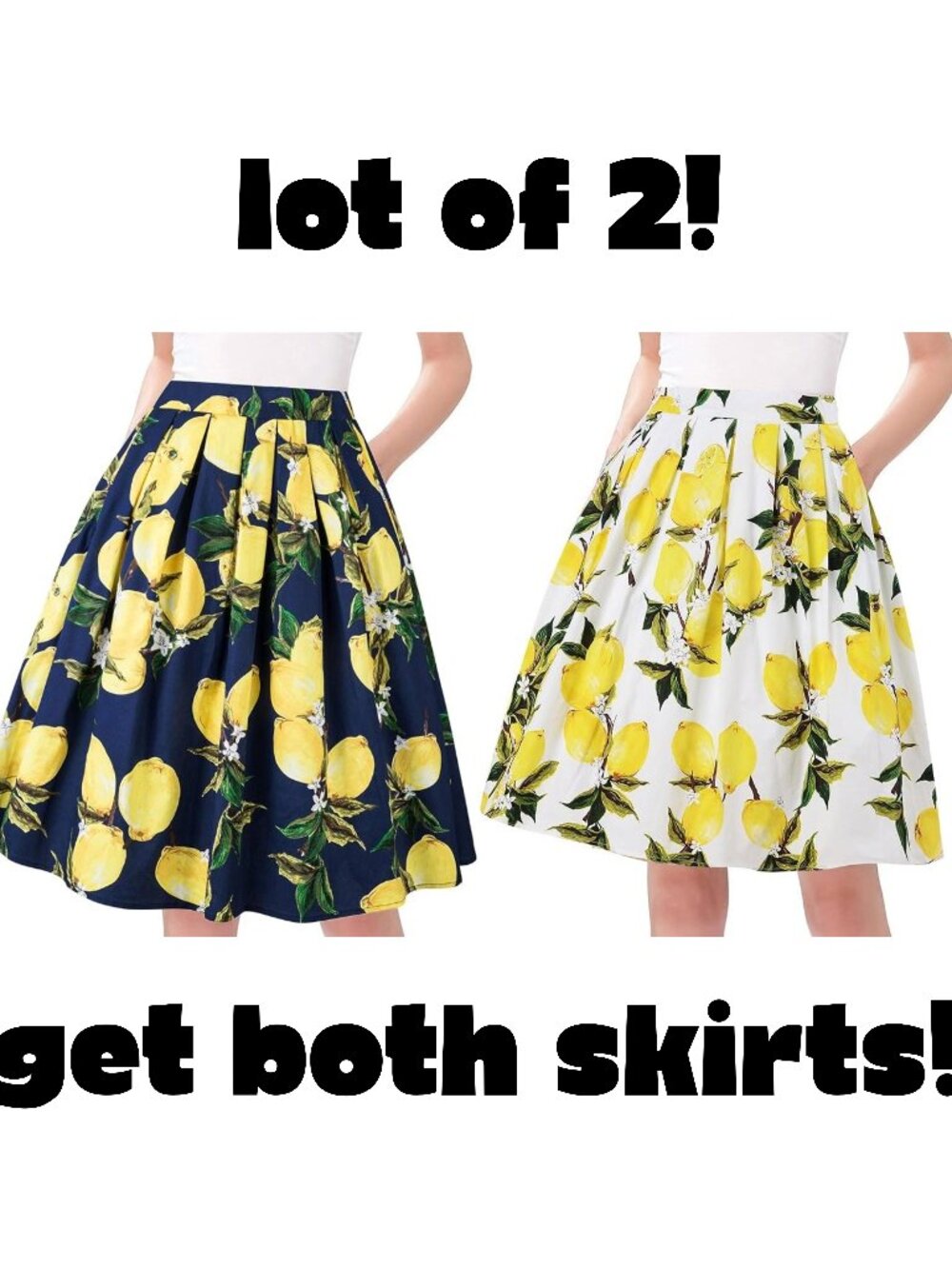 Lot of 2 | Taydey A-Line Pleated Skirts for Women 2XL | Lemons on Navy and White